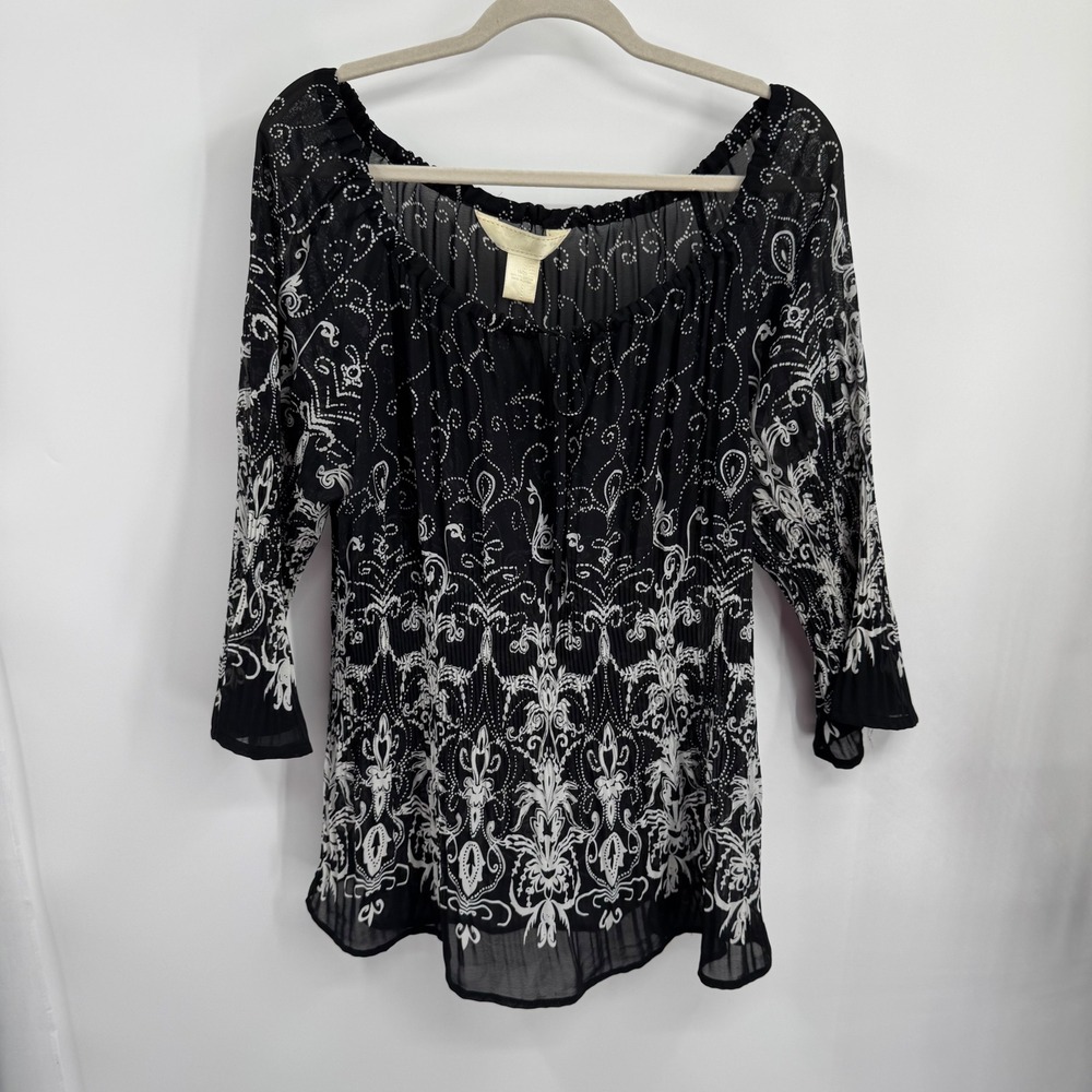 Vtg Black White Boho Peasant Top Sheer Crinkle 3/4 Sleeve Floral Scroll Print XL